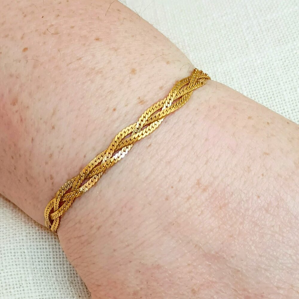 Braided Flat Chain Bracelet 6.75" Gold Tone Double Row Weaved Jewelry